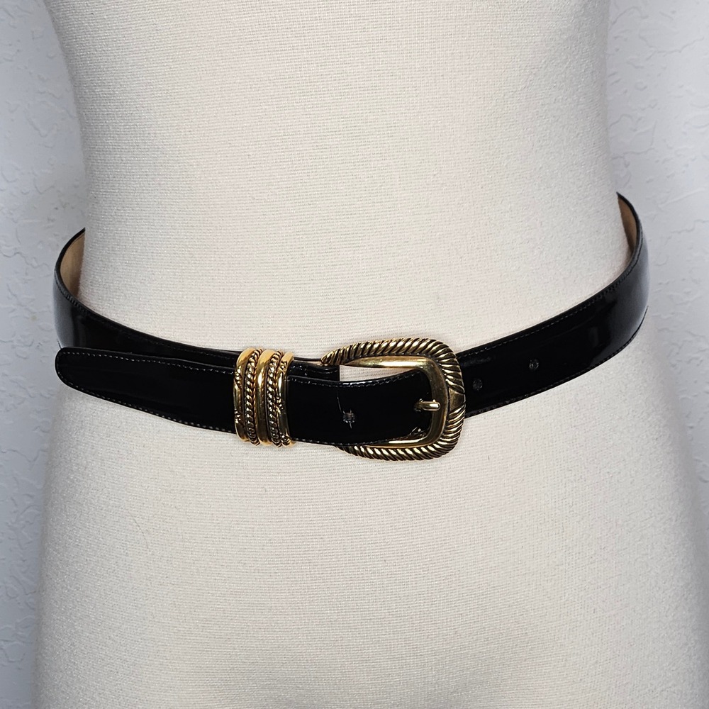 Brighton Women's Black Patent Leather Belt Gold Rope Buckle Size Med  USA Made